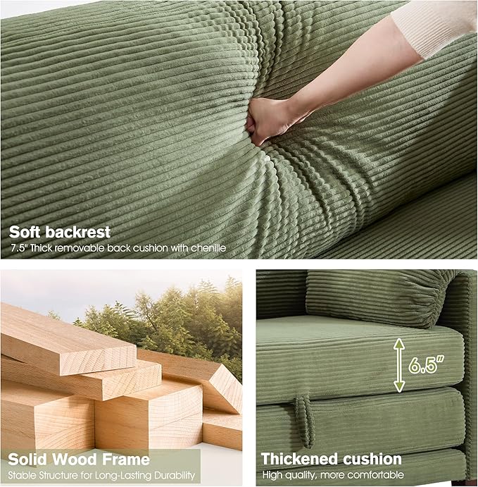 65 Loveseat Sleeper Sofa Bed Corduroy Convertible Sofa Bed for Small Spaces Folding Couch Bed with Deep Seat 2 Pillows &amp Solid Frame Pull Out Floor Couches for Living Room Green