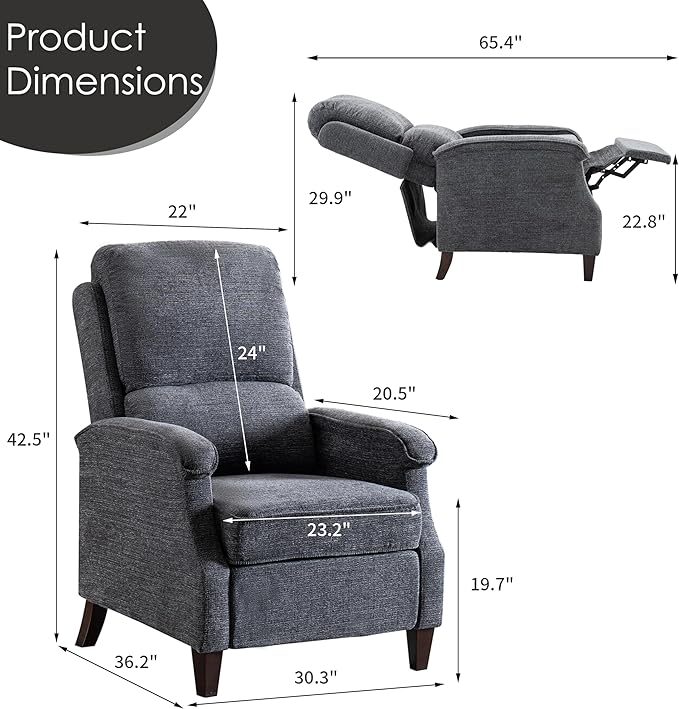 VKNOW Recliner Chair Fabric Recliner with Soft Armrest Home Theater Seating with Adjustable Push Back and Lumbar Support Single Sofa for Adults Lounge Chair for Living Room Bedroom（Dark Grey）