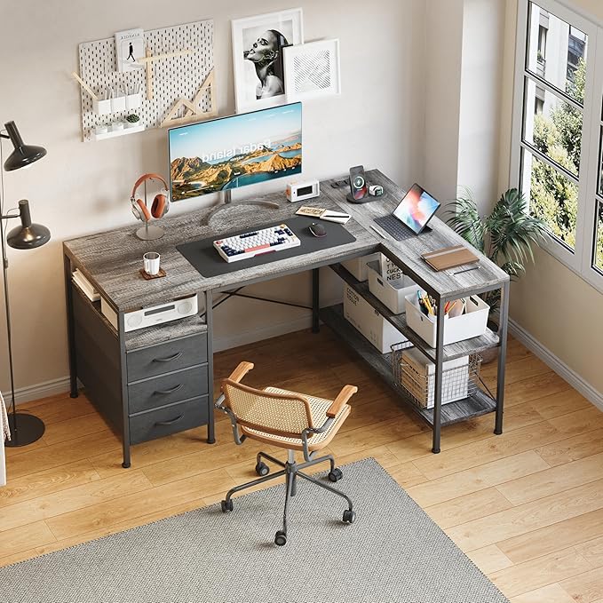 MUTUN L Shaped Computer Desk with 3 Drawers &amp Power Outlets 47 Inch Corner Desk with Reversible Storage Shelves PC Table for Home Office Bedroom (Grey 47 Inch)