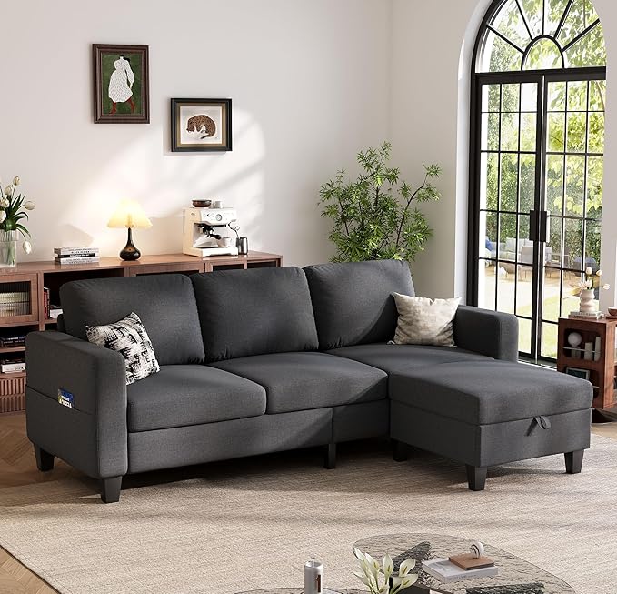 Sectional Sofa and Couches for Living Room 78'' Dark Grey 3 Seat L-Shaped Couch with Movable Ottoman Comfy Linen Convertible Sectionals Sofas with Chaise for Apartment Dorm Small Space