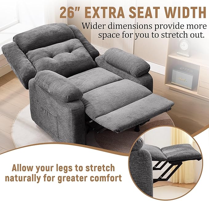 Power Recliner Chair for Adults Oversized Electric Recliner with Thickened Cushions Chenille Fabric Reclining Chair for Living Room Bedroom Grey
