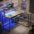 L Shaped Gaming Desk with Power Outlets &amp RGB Lights 46'' L- Shaped Desk Computer Corner Desk with Monitor Stand &amp Storage Shelf &amp Hook Home Office Desk Writing Desk Grey