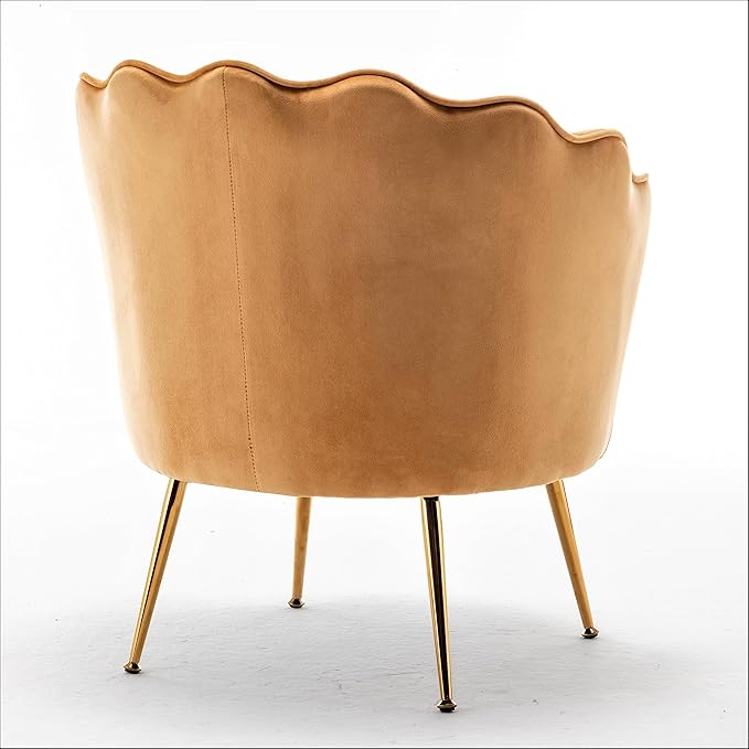 Velvet Barrel Accent Chair with Scalloped Silhouette and Gold Metal Legs Decorative Piece Suitable for Traditional Modern and Contemporary Spaces Mustard Yellow
