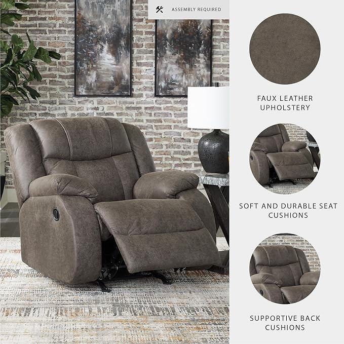Signature Design by Ashley First Base Modern Faux Leather Rocker Recliner Gray