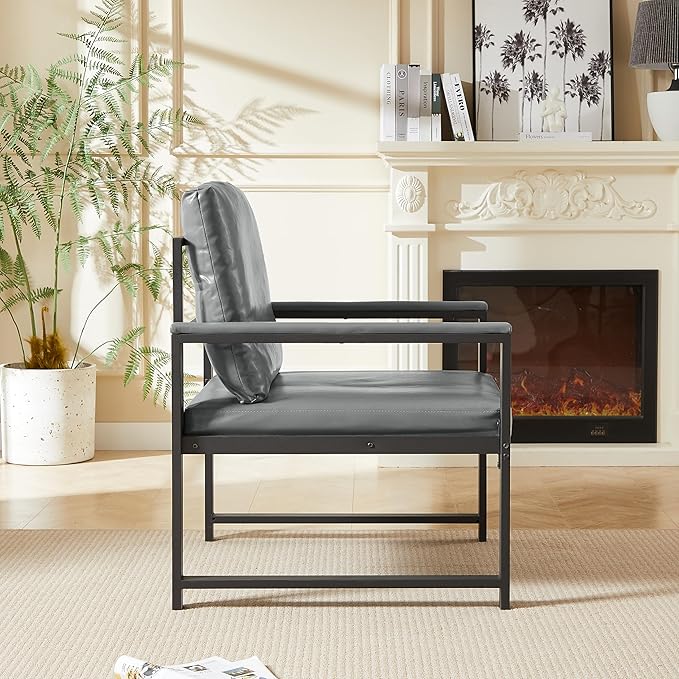 PVC Artificial Leather Armchair Retro Leisure Accent Chair with Extra Soft Padded Cushion Metal Armrests Modern Reading Arm Chair with Black Metal e for Living RoomOfficeBedroomStudy Gray