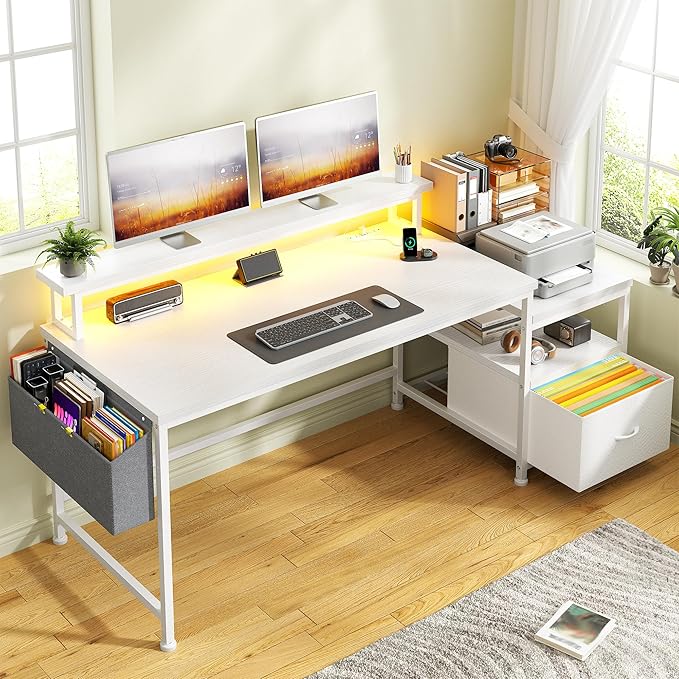 Computer Desk with DrawersOffice Desk with Printer Shelf &amp Monitor StandGaming Desk with Power Outlets &amp LED LightsCorner Table with Side Storage Bag White