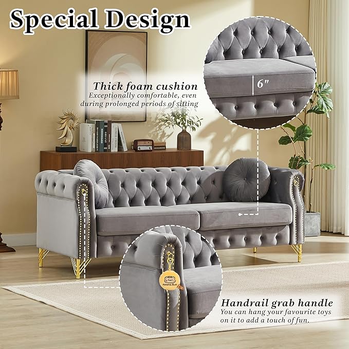 ERYE 82-Inch Button Tufted Sofa Couch with 2 Round Pillows 3 Seat Velvet Tufted Sofa Spacious Chesterfield Loveseat Couches W/Nailhead DecorRing Accent &amp Golden Legs