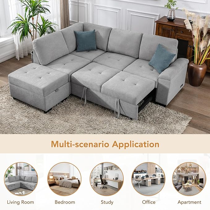 Flieks L-Shape Sleeper Sectional Sofa Bed with Storage Ottoman &amp Hidden Arm Storage 85Inch Sectional Corner Couch Sofa-Bed for Living Room Apartment