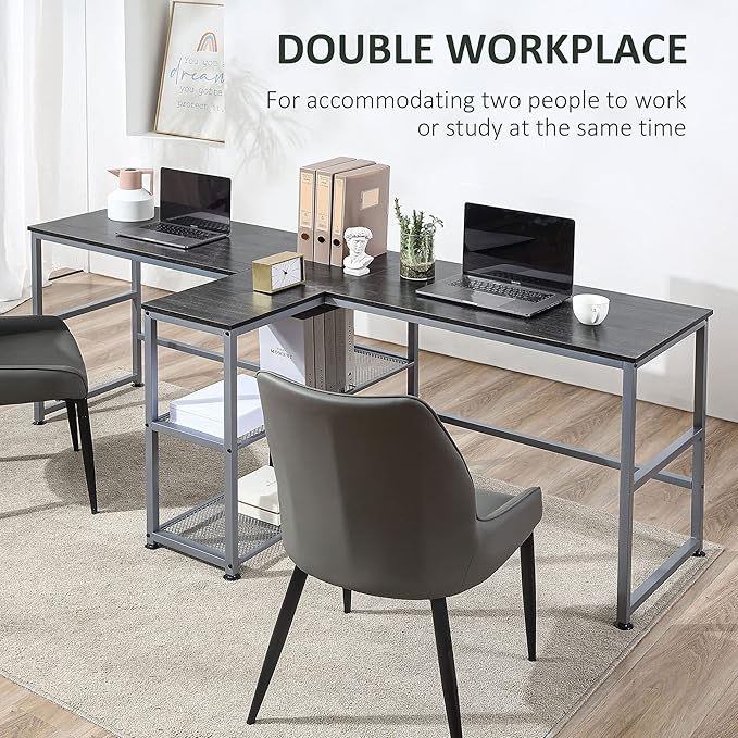 83 Two Person Computer Desk with 2 Storage Shelves Double Desk Workstation with Book Shelf Long Desk Table for Home Office Black