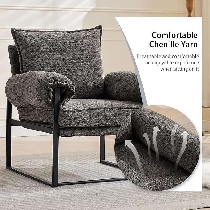 YISHENG Accent Chair with 6-Angle Adjustable Backrest(90°–180°) Chenille Fabric Living Room Chair Upholstered Lounge Chair Modern Cozy Reclining Chair for Reading Reception RoomBalcony 2PC Gray