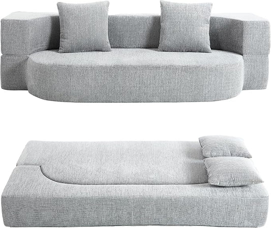 Folding Sofa Bed Convertible Futon Sleeper Bed 2-in-1 Foldable Floor Mattress with 2 Pillows Breathable High-Density Foam Lazy Couch Twin Size Comfy Lounge Chair Light Gray
