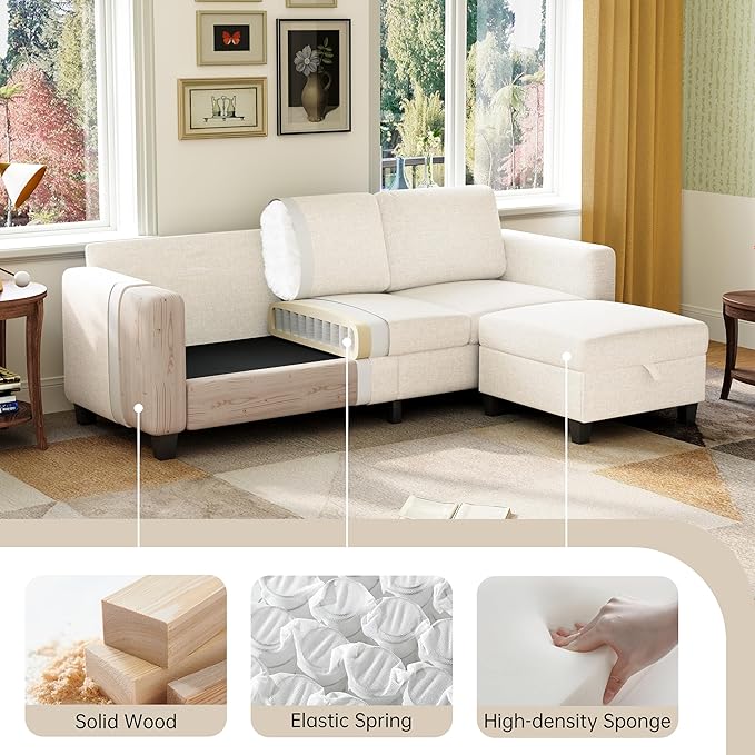 78 Sectional Sofa Couches for Living Room Beige Convertible L Shaped Couch with Storage Ottoman Deep Seat Pet-Friendly Linen Fabric Sofa Set for Small Space Apartment Dorm