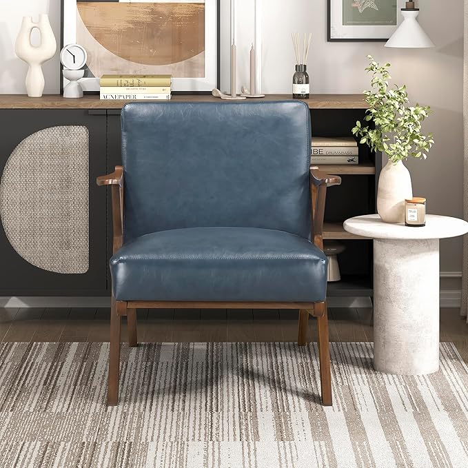 Lexicon Mid Century Modern Accent Chair Faux Leather Upholstered Lounge Seat Brown Finish Solid Wood Framed Comfy Side Chair for Living Room/Bedroom/Office/Waiting Area Blue