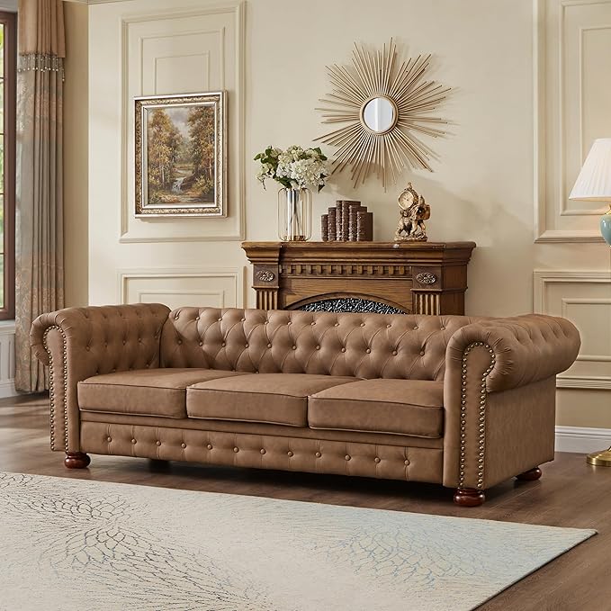 Chesterfield Leather Sofa 89 Mid Century Modern Couch with Low Back Roll Arm Nailhead Trim Classic 3 Seater Couch for Living Room Office Apartment Faux Leather Brown