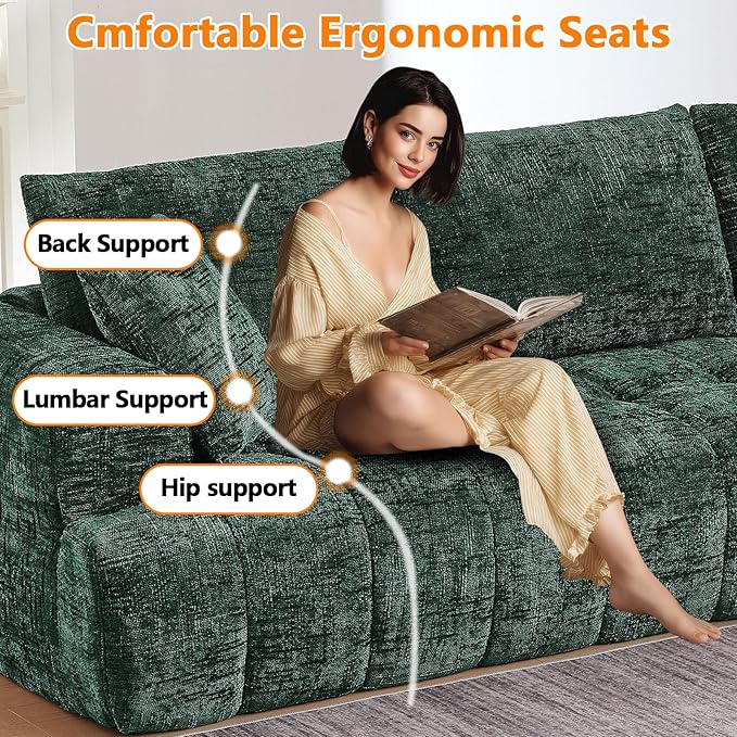 Luxury 108 Sofa with Oversized Chaise L-Shaped Chenille Modular Cloud Couch with Deep Seat &amp 2 Pillows Orange Boneless Couches for Living Room Apartments Homes (Green Left Facing Chaise)
