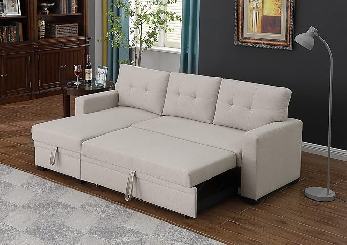 ACQCA 82 L-Shape Sleeper Sectional Sofa with Storage Chaise and Pull-Out BedConvertible Sofa Bed Sectional Couch for Living RoomApartmentOfficeBeige