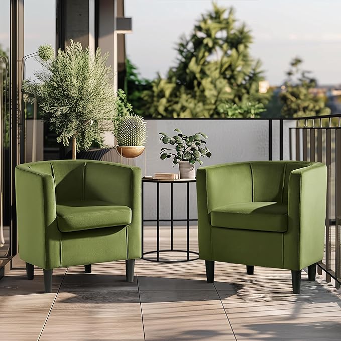 Yaheetech Velvet Accent Chair Modern and Comfortable Armchairs Upholstered Barrel Sofa Chair for Living Room Bedroom Waiting Room Olive Green 2pcs