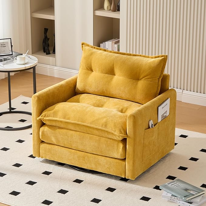 KEIKI 360-Degree Chenille Accent Sofa Chair with Thick Padded Arm and Side Pockets Single Sofa Chair with Memory Foam Support and Solid Metal Base Easy Assembly for Living Room and Bedroom Yellow