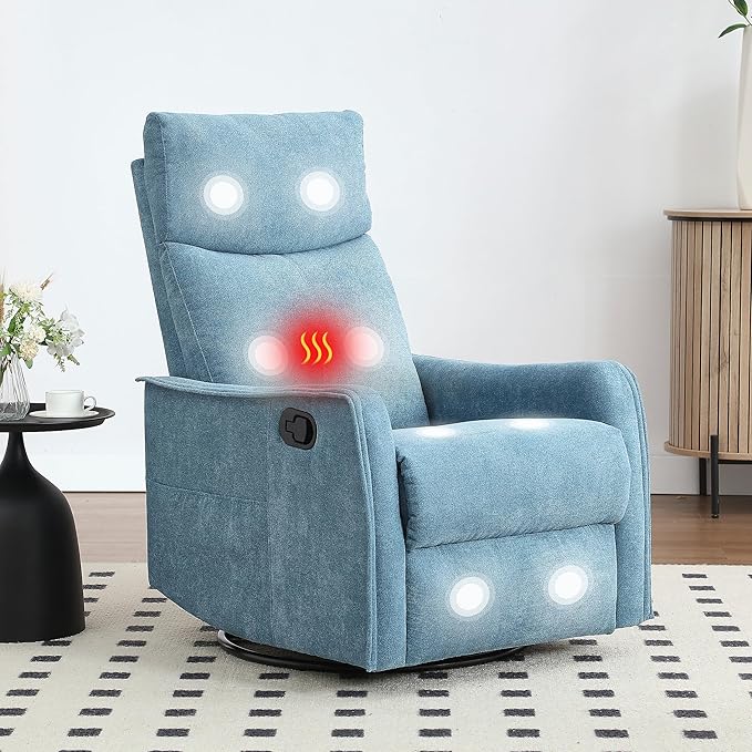Massage Rocker Swivel Recliner Chair for Adults Manual Recliner Glider with Lumbar Heating Technical Flannel Fabric Nursery Glider Rocking Chair with Vibration Massage for Living Room - Blue