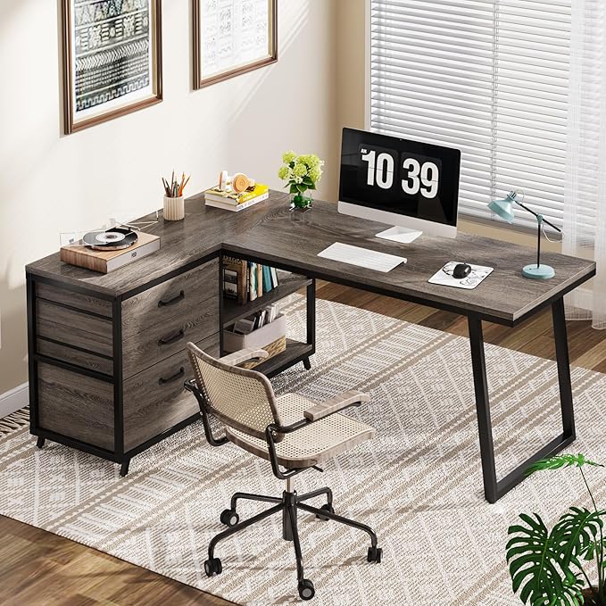 Tribesigns L-Shaped Desk with 3 Drawers Reversible Corner Home Office Computer Desk with Shelves 53-Inch Industrial PC Desk Study Writing Table Workstation for Small Space Grey