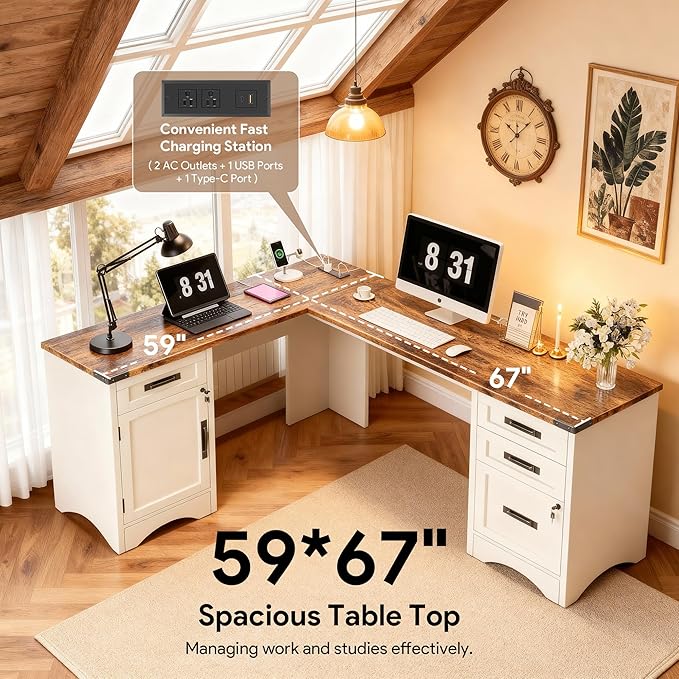 L Shaped Farmhouse Executive Desk with Drawers 67 Home Office Desks with Fast Charging Station Lockable File Cabinet Wood Writing Computer Desk for Work Study White