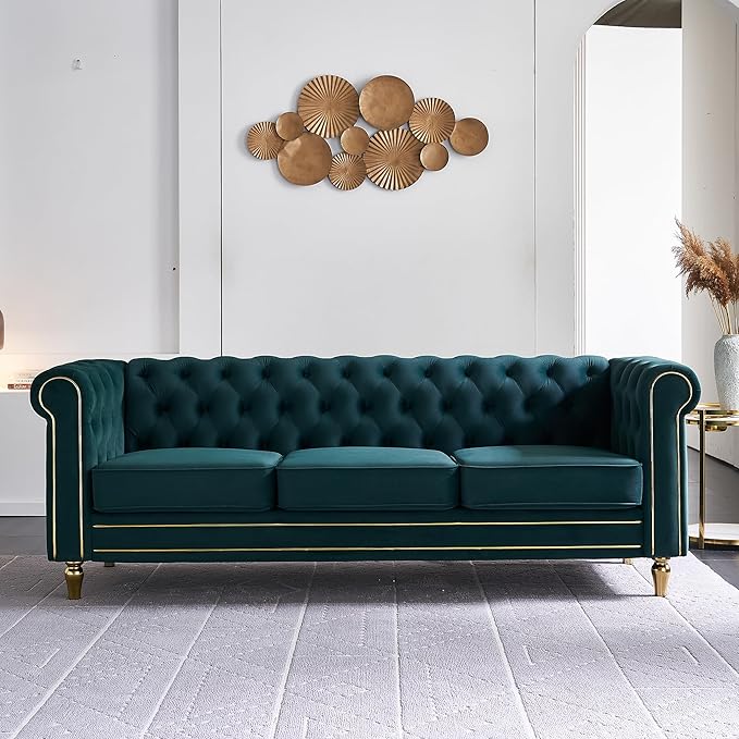 Homtique 84 Modern Green Velvet Chesterfield Sofa 3-Seater Button Tufted Rolled Arms Gold Legs