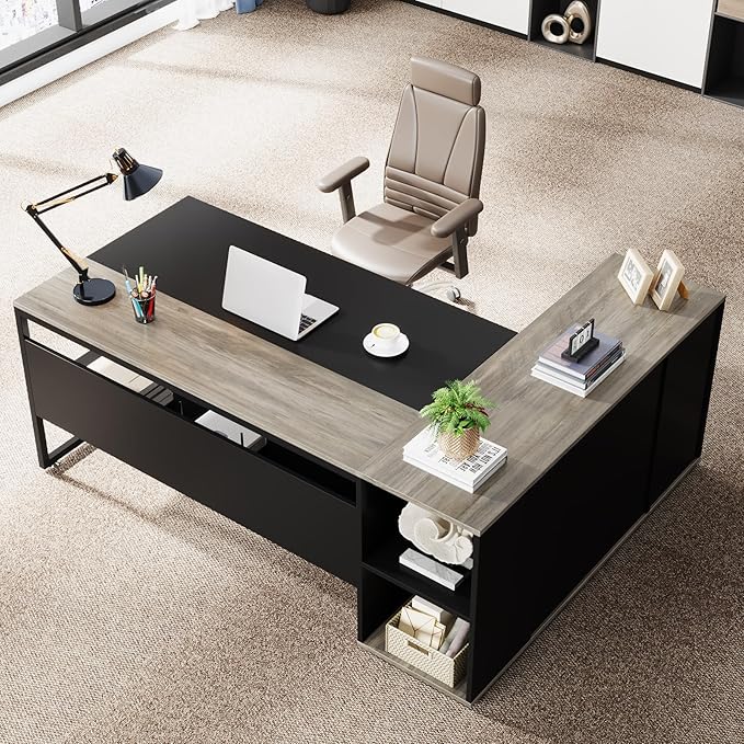 Tribesigns 71 inch Executive Desk L Shaped Desk with Cabinet Storage Executive Office Table with Shelves Business Furniture Set Workstation for Home Office Gray