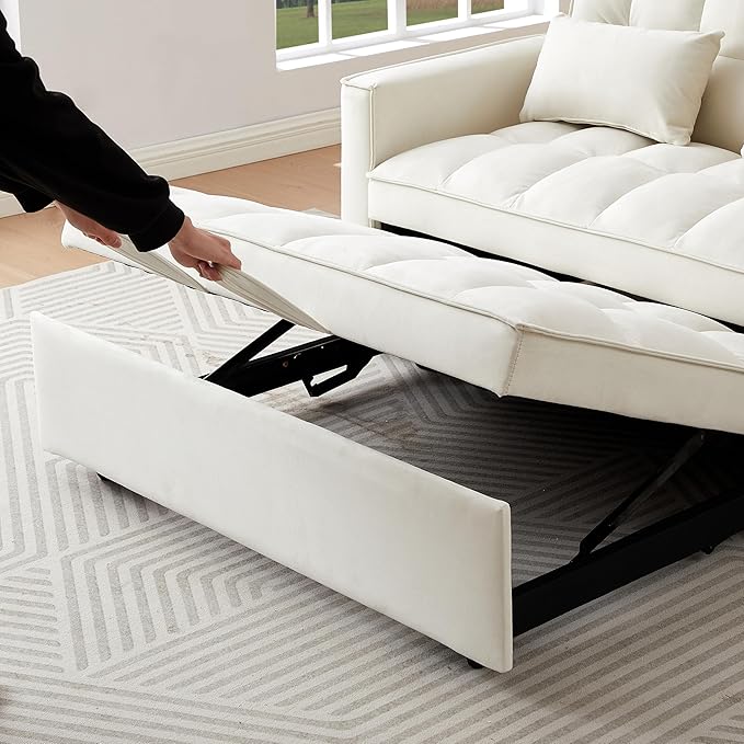 3 in 1 Convertible Sleeper Sofa Bed 54'' Full Size Velvet Pull Out Futon Couch Recliner with Reclining Backrest &amp 2 Pillows Small Loveseat Lounge Couches for Small Spaces (Silver Grey)