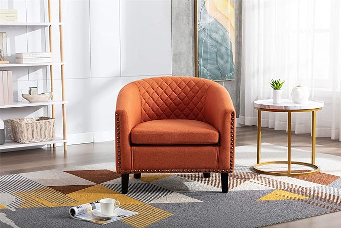 Accent Barrel Chair Living Room Chair with Nailheads and Solid Wood Legs Orange Linen