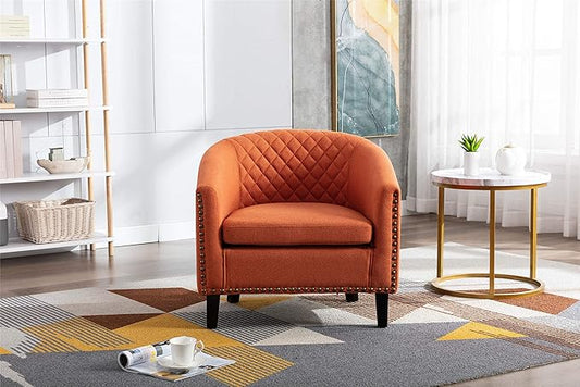 Artificial leather sofa chair barrel-shaped armchair side chair nail head decoration and diamond net backrest suitable for living room bedroom waiting room office and reading chair. (Orange)