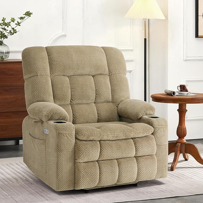 MCombo Dual Motor Power Lift Recliner Chair for Elderly Lay Flat Lift Chair with Heat and Massage Extra Wide Lift Recliner for Big People Cup Holders Fabric R7897 (Medium-Wide Beige)