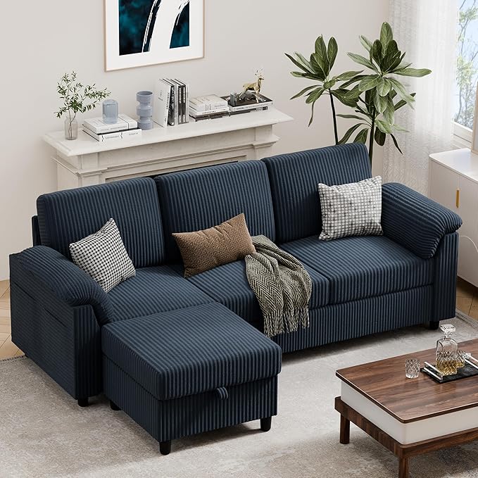 Vongrasig 79 Convertible Sectional Couches Sofa with Storage Ottoman 3 Seat L Shaped Couch with Side Storage Pockage Small Couches for Living Room Apartment and Small Space Dark Blue
