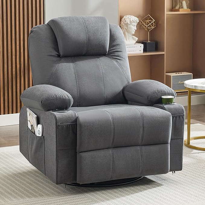 Oversized Swivel Rocker Recliner Chair with Heat and Massage Big Large Recliner Chair for Living Room 360 Degree Swivel Rocking Single Sofa with Cup Holders and USB Port (Fabric Darkgrey)