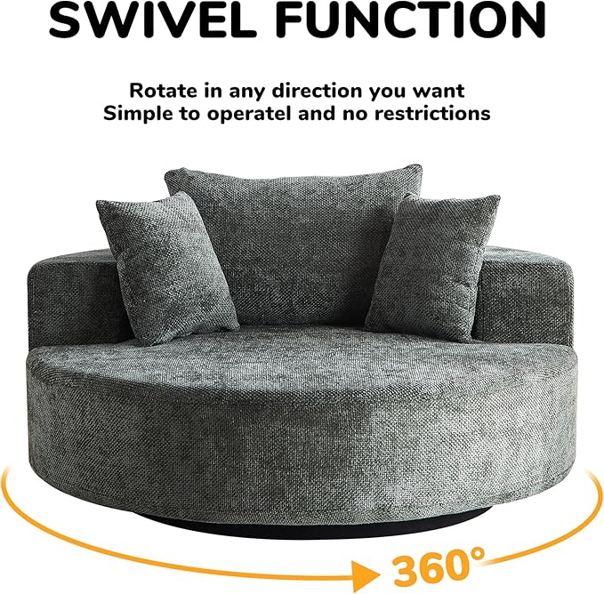 Oversized 360° Swivel Accent Chair for Living Room Modern 55’’ Comfy Chenille Extra Wide &amp Deep Seat Round Barrel Chair with Overstuffed Cushions No Assembly Needed Slate Green