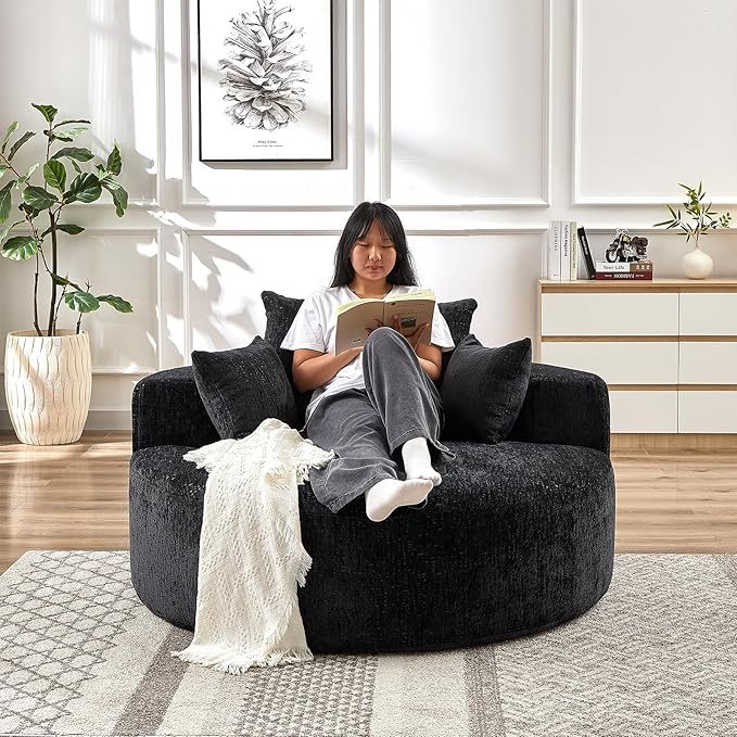 Oversized Round Chaise Lounge Chair Indoor 55W Circle Comfy Armchair with Deep Seat Floor Cloud Boneless Chair Upholstered Modern Cozy Sofa Chairs for Living Room Bedroom(Chenille Black)