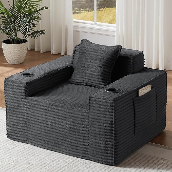 Boneless Sofa Couches with Cup Holder for Compact Living Rooms Apartments (Gray Single Chair+Loveseat) | No Assembly Required 2-Seater Sofa mini couch cup holder boneless loveseat side pocket