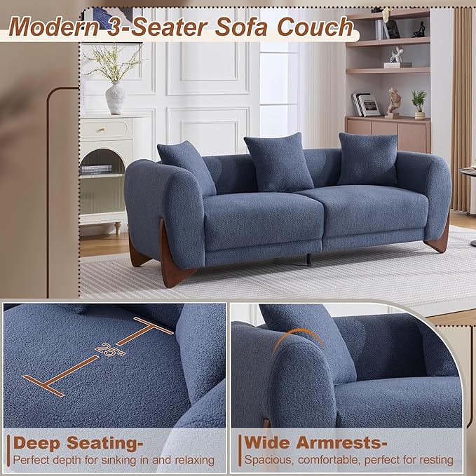 87 Sherpa Boucle Cloud Couch Modern 3 Seater Sofa with Solid Wood Legs 25 Extra Deep Seat Comfy Thick Cushion Upholstered Sofa Couches with 3 Pillows for Living Room Blue