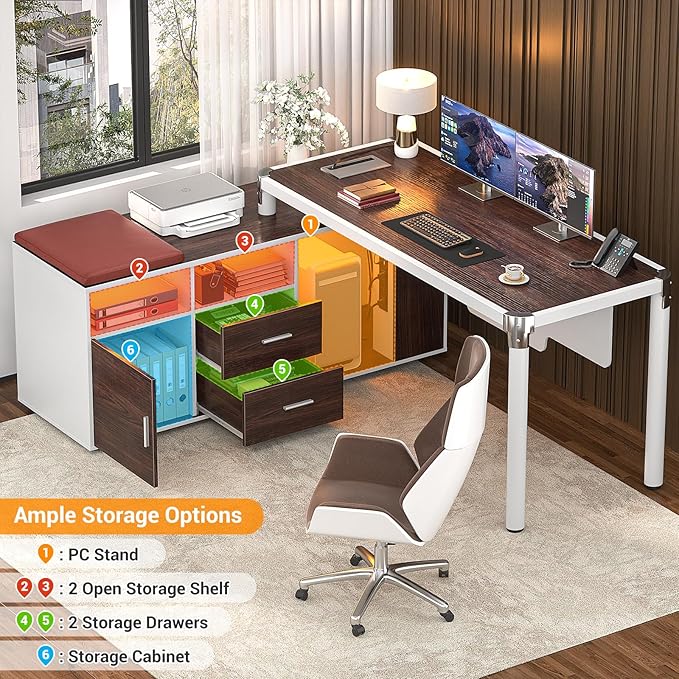 Cyclysio Large L Shaped Desk with File Cabinet and Outlet Reversible Corner Computer Desk with LED Lights Home Office Desk with Drawer Soft Cushion Espresso