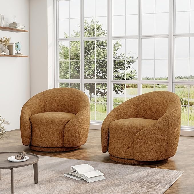 Swivel Barrel Accent Chair 360° Small Round Sofa Chair Comfy Modern Reading Armchair for Living Room Bedroom (Boucle Rusted Orange Set of 2)