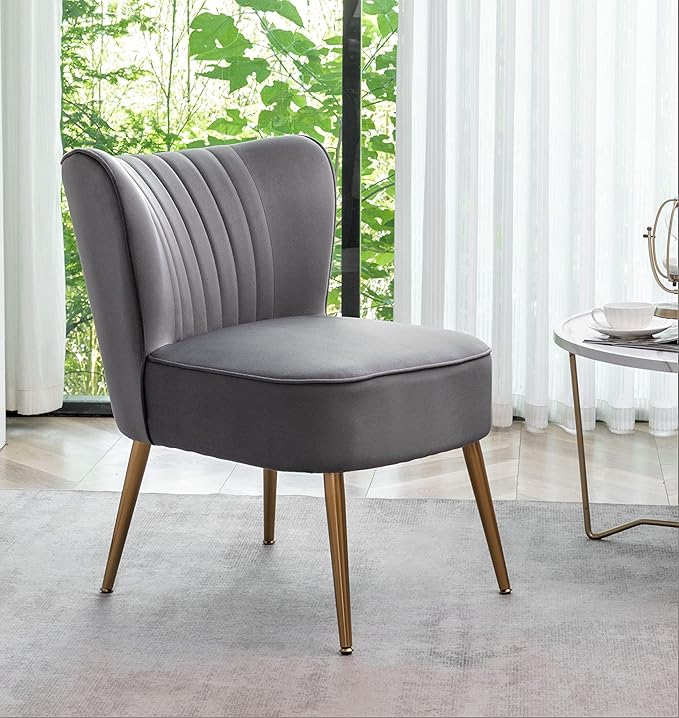 Modern Velvet Accent Chair for Living Room Bedroom or Entryway Stylish and Comfortable Armless Design with Metal Legs Grey