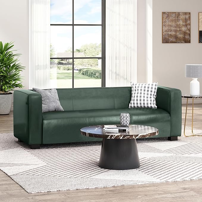 80.25 PU Leather Upholstered Couch Modern 3 Seater Sofa with Tufted Back and Square Arms Nailhead Sofa for Living Room Office Apartment Small Space Green