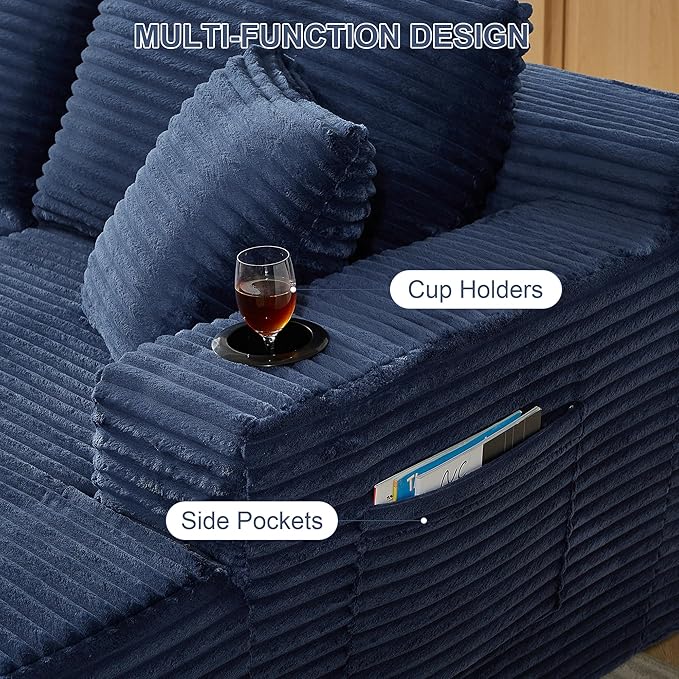 KIVENJAJA 133.5 Oversized U Shaped Sectional Cloud Couch Corduroy Modular Sectional Sofa with Cup Holders &amp Side Pockets Modern Deep Seat Boneless Couches for Living Room Apartment Blue