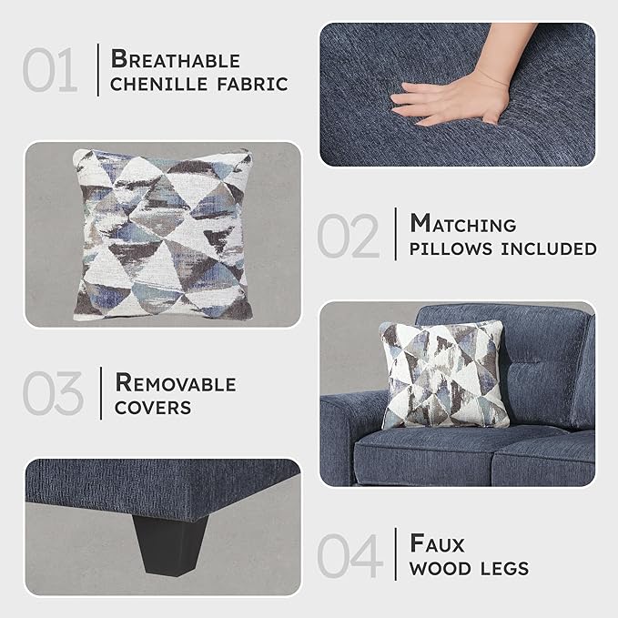 Lexicon Modern Loveseat Chenille Loveseat 2 Pillows Track Arm Reversible Cushions Removable Cushion Cover Easy Assembly Small Couch for Living Room/Office/Reading Spaces Blue