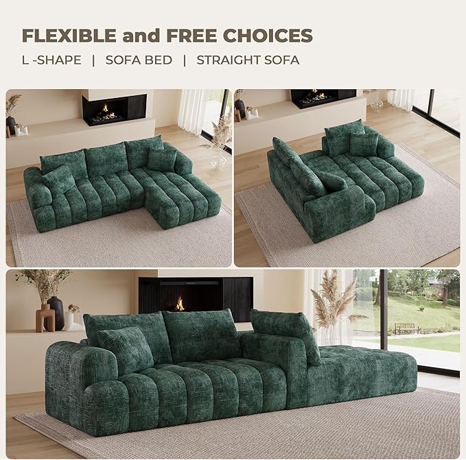 108 Cloud Sectional Couches for Living Room Boneless L-Shaped Sofa with Pillow 3 Seater Modular Sectional Sofa (Dark Green)