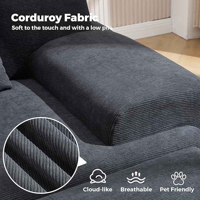 L-Shaped Boneless Modular Sectional Sofa 122 Modern Corduroy Upholstery Couches for Living Room Oversized 3-Seater Cloud Couch with Deep Seat and Movable Ottoman No Assembly Dark Grey