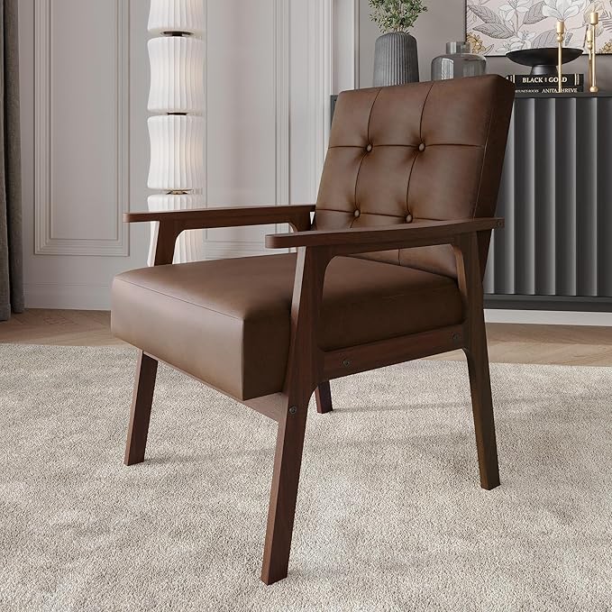 Accent Chair with Button-Tufted Polyurethane Upholstery Wooden Armrests Cushioned Seat Easy Assembly Brown