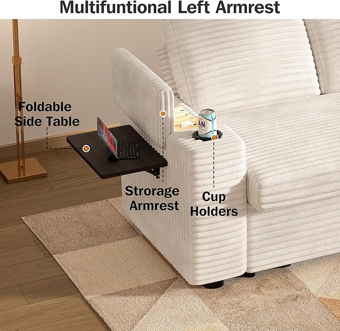 Vipbear 65 Loveseat Sleeper Sofa with Pull Out Bed Plush Corduroy 3-in-1 Convertible Sofa Bed with Reclining Backrest|USB Ports|Cup Holders|Side Table|Storage Armrests Tool Free Assembly Beige