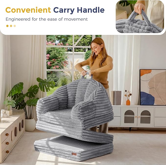 MAXYOYO Folding Sofa Bed 2 in 1 Convertible Sofa to Lounger Comfy Faux Fur Bean Bag Chair for Adults Floor Single Sleeper Couch Chair with Handle Couch Bed for Living Room Bedroom Grey
