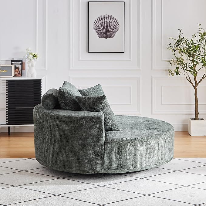Ball &amp Cast 55 Oversized 360 Degree Swivel Accent Chair Modern Chenille Single Sofa Sleeper with Wide Armrest and Pillows Round Lounger Chair for Living Room BedroomProjection Room Green