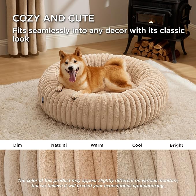 Bedsure ComfyFleece™ Donut Large Dog Bed - Washable Faux Fur with Corduroy Fleece &amp Anti Slip Bottom Round Pet Bed with Removable Cover Sandy Beige 36x36x8 inches